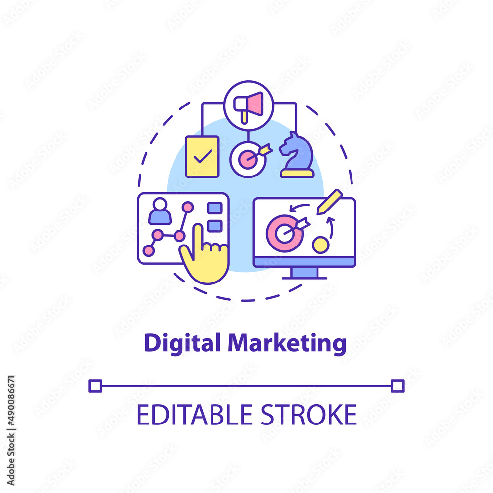 Digital marketing concept icon. Products and service promotion. Major digital skills abstract idea thin line illustration. Isolated outline drawing. Editable stroke. Arial, Myriad Pro-Bold fonts used