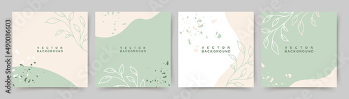 Minimal social media post templates. Abstract green organic shapes floral background. Editable vector illustration