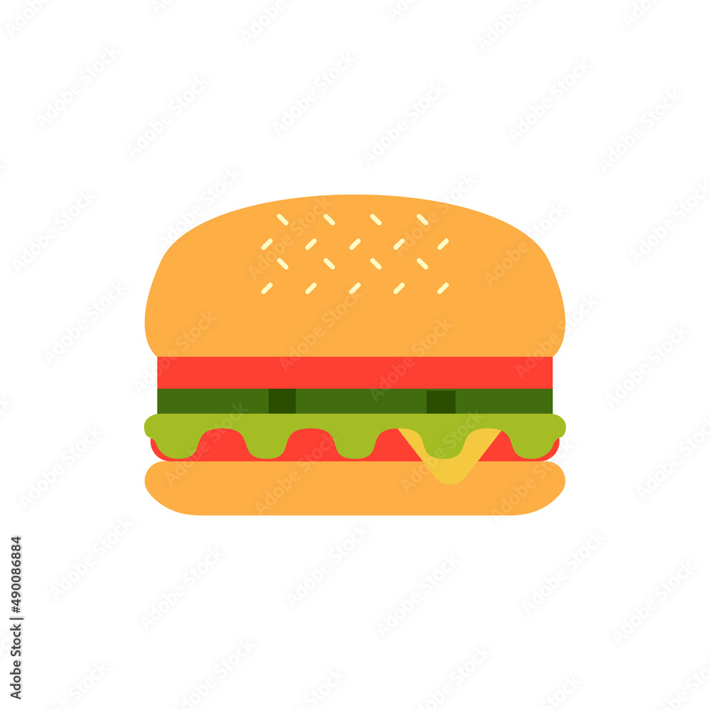 Burger with salad, tomatoes, cheese and cutlet. Fast food. Vector illustration. Fast food hamburger dinner and restaurant, tasty unhealthy fast food classic nutrition in flat style. Burger with salad, tomatoes, cheese and cutlet. Fast food. Vector illustration. Fast food hamburger dinner and restaurant, tasty unhealthy fast food classic nutrition in flat style.