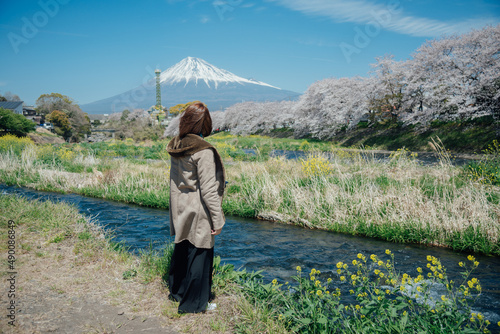 A woman traveler looking at the beautiful scenery of sakura cherry blossom at the Uruigawa river in Japan. photo