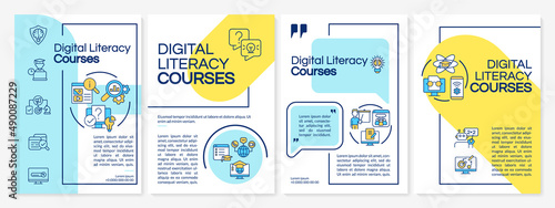 Digital literacy courses blue and yellow brochure template. Computer skills. Leaflet design with linear icons. 4 vector layouts for presentation, annual reports. Questrial, Lato-Regular fonts used