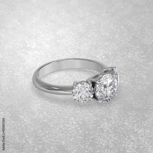 3 stone engagement ring laying down position in white gold 3D render photo