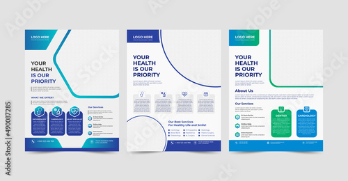 Set of medical brochure, annual report, flyer design templates in A4 size. Vector illustrations for medical, healthcare, pharmacy presentation, document cover and layout template designs. (ID: 490087285)