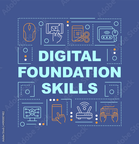 Digital foundation skills word concepts dark blue banner. Computer skills. Infographics with icons on color background. Isolated typography. Vector illustration with text. Arial-Black font used