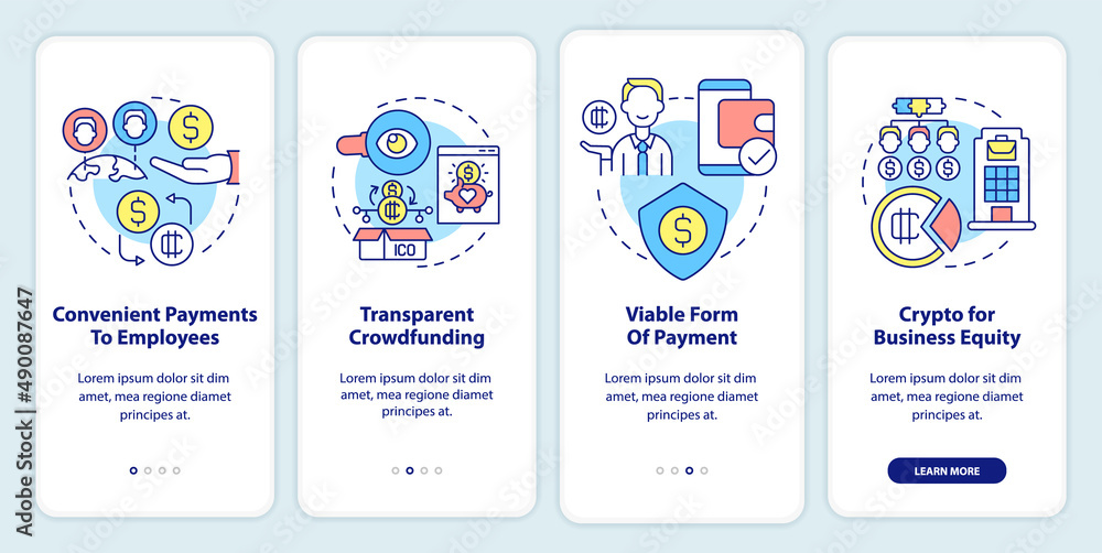 Cryptocurrency benefits in usage onboarding mobile app screen. Business walkthrough 4 steps graphic instructions pages with linear concepts. UI, UX, GUI template. Myriad Pro-Bold, Regular fonts used