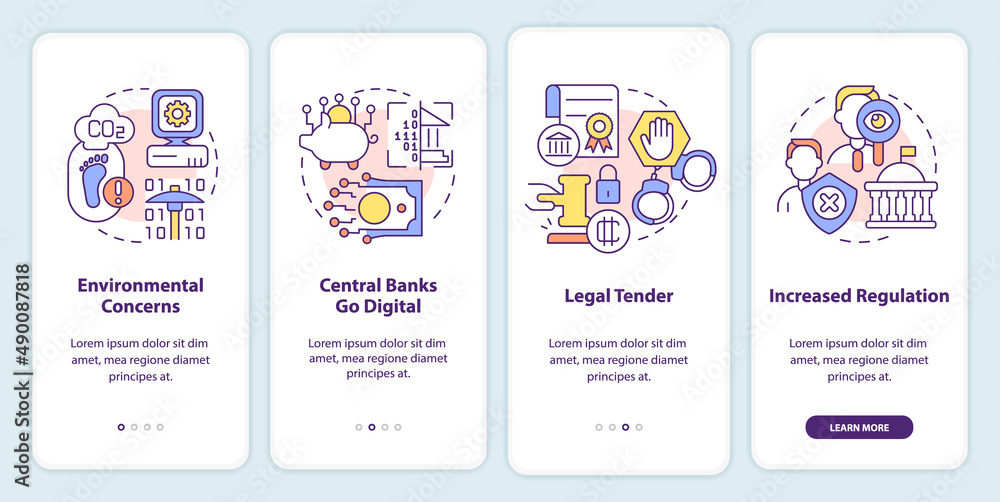 Cryptocurrency issues in nearest future onboarding mobile app screen. Walkthrough 4 steps graphic instructions pages with linear concepts. UI, UX, GUI template. Myriad Pro-Bold, Regular fonts used