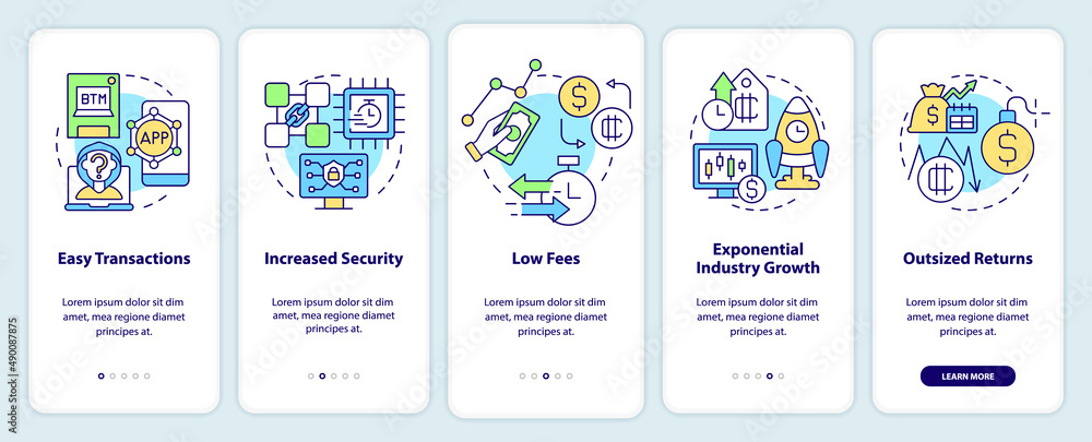 Cryptocurrency pros onboarding mobile app screen. Easy transactions walkthrough 5 steps graphic instructions pages with linear concepts. UI, UX, GUI template. Myriad Pro-Bold, Regular fonts used