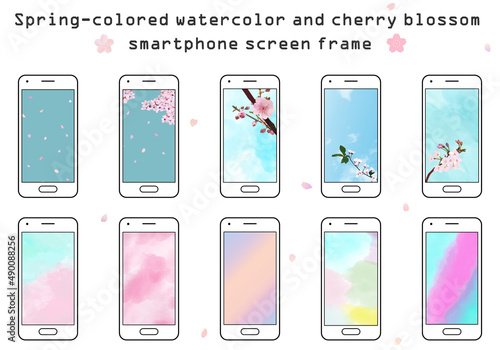 Smartphone frame without background, watercolor, cherry blossoms, spring, botanical, vector graphic, sky, cloud, petals, copy space