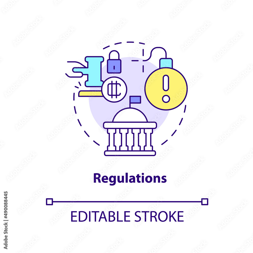 Regulations concept icon. Crypto-currency weak point abstract idea thin line illustration. State legislation. Isolated outline drawing. Editable stroke. Arial, Myriad Pro-Bold fonts used