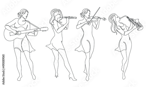 Collection. Silhouette of woman with guitar, violin, saxophone flute in modern continuous line style. Beautiful girl. Aesthetic decor sketches, posters, stickers, logo. Set of vector illustrations.