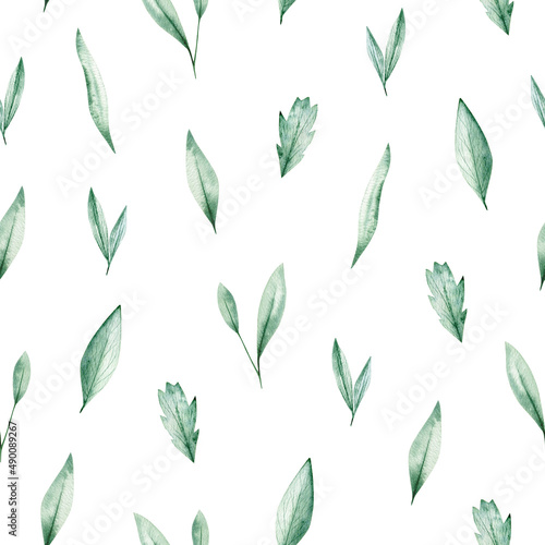 Watercolor seamless pattern with green leaves. Isolated on white background. Hand drawn clipart. Perfect for card, fabric, tags, invitation, printing, wrapping.