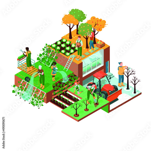 Isometry. Gardening.   Spring, autumn, summer and winter farm work. Men and women work in the garden, watering, planting, pruning trees, harvesting. Maximize.  