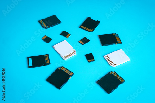 SD and MicroSD memory cards on a blue background.