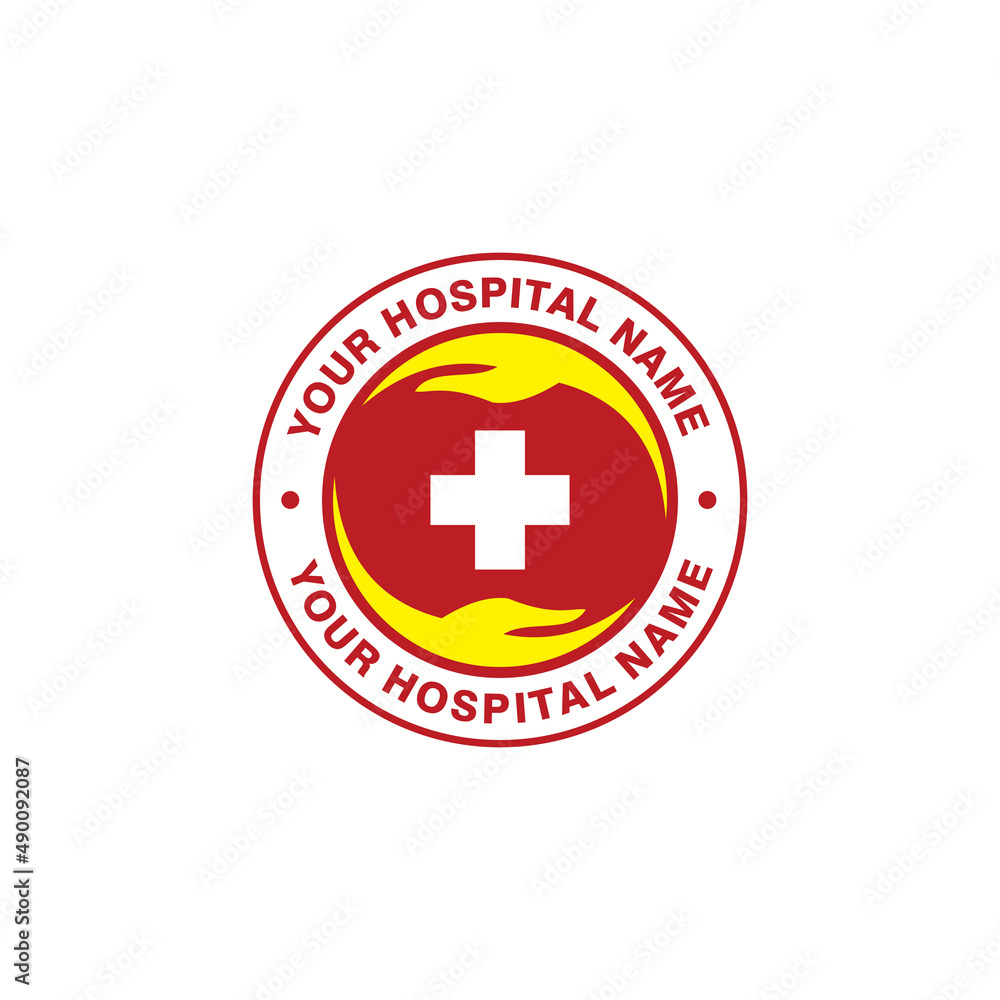 simple hospital logo with hands and plus shape design, modern red and yellow medical logo inspiration template vector simple hospital logo with hands and plus shape design, modern red and yellow medical logo inspiration template vector