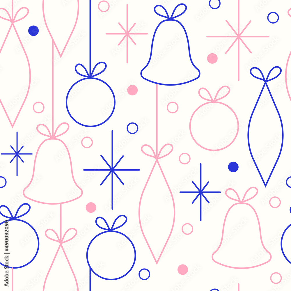 Christmas and New Year seamless vector pattern. Minimalistic illustration with snowflakes and Christmas tree decorations. Line art, Scandinavian Hugge aesthetic