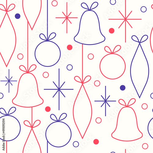 Christmas and New Year seamless vector pattern. Minimalistic illustration with snowflakes and Christmas tree decorations. Line art, Scandinavian Hugge aesthetic