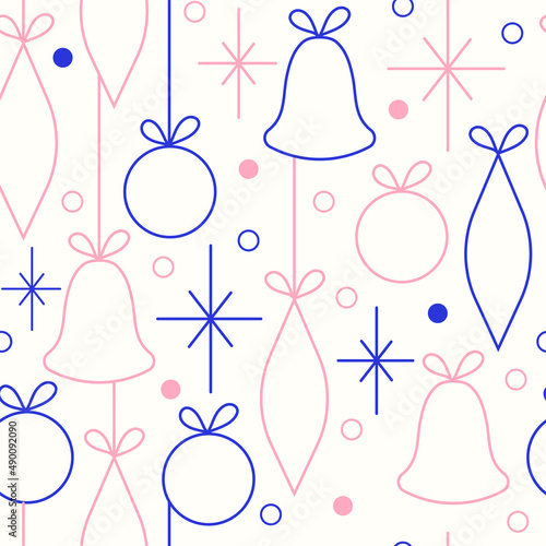 Christmas and New Year seamless vector pattern. Minimalistic illustration with snowflakes and Christmas tree decorations. Line art, Scandinavian Hugge aesthetic