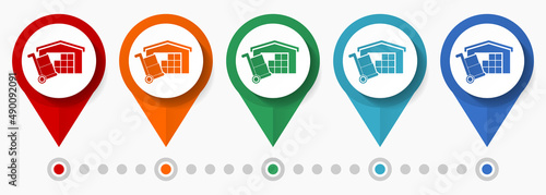 Warehouse and barrow, store concept vector icon set, flat design logistics pointers, infographic template easy to edit