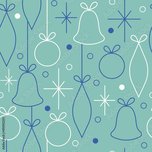 Christmas and New Year seamless vector pattern. Minimalistic illustration with snowflakes and Christmas tree decorations. Line art, Scandinavian Hugge aesthetic