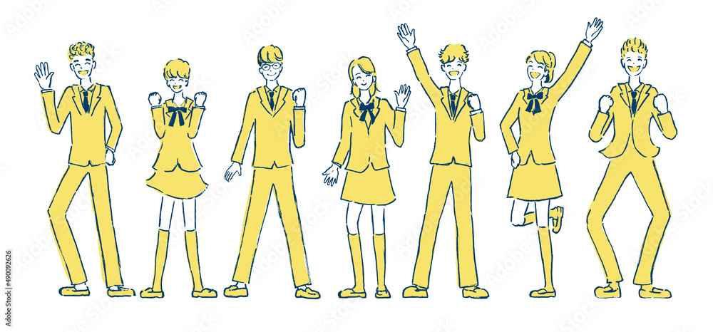 制服を着た学生達7人が喜んでいるイラスト　2色　黄色