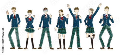 制服を着た学生達7人が喜んでいるイラスト