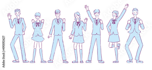 制服を着た学生達7人が喜んでいるイラスト　2色　黄水色