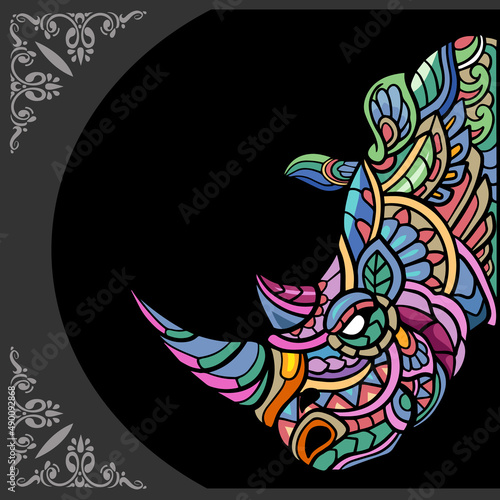 Colorful of rhinoceros head zentangle arts  isolated on black background