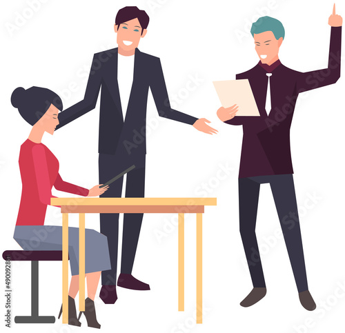 Businesspeople have project strategy planning meeting. Teamwork with business plan, creating new creative project. Meeting to discuss starting business. Colleagues discussing work in entrepreneurship