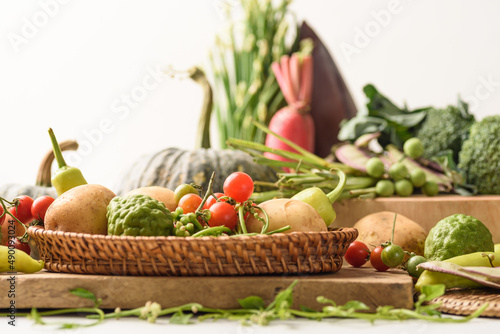 set of organic vegetable from local market on white background