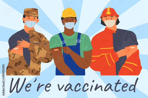 Stop coronavirus agitation concept. Vaccination promo, immunization of workers. Vaccine saves lives. People wearing protective mask showing their arm with bandage after receiving covid-19 vaccine