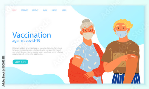 Stop coronavirus agitation concept. Vaccination promo, immunization of workers. Vaccine saves lives. People wearing protective mask showing their arm with bandage after receiving covid-19 vaccine