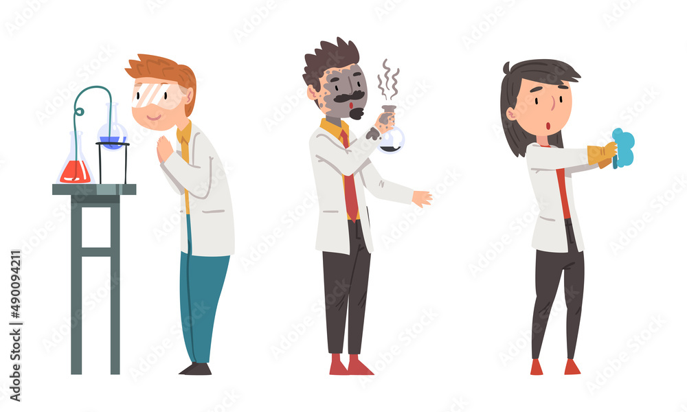 Scientists in white lab coats doing scientific research in laboratory set. Failed chemical experiment cartoon vector illustration