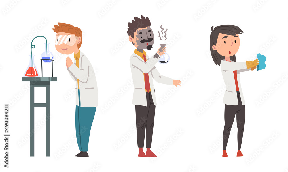 Scientists in white lab coats doing scientific research in laboratory set. Failed chemical experiment cartoon vector illustration Scientists in white lab coats doing scientific research in laboratory set. Failed chemical experiment cartoon vector illustration