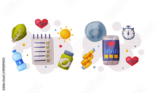 Healthy diet and sports objects set. Healthy nutritious food, supplements, scales and checklist vector illustration