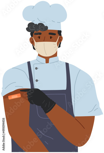 Male character cook using face mask for covid 19 during pandemic vector isolated illustration. Man kitchener follows quarantine rules against spread of virus, takes care of his health and colleagues