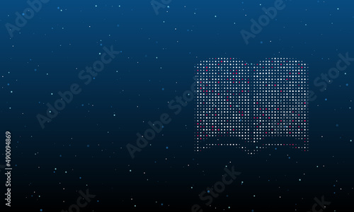 On the right is the book symbol filled with white dots. Background pattern from dots and circles of different shades. Vector illustration on blue background with stars