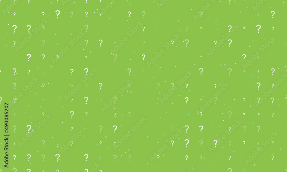 Seamless background pattern of evenly spaced white question symbols of different sizes and opacity. Vector illustration on light green background with stars
