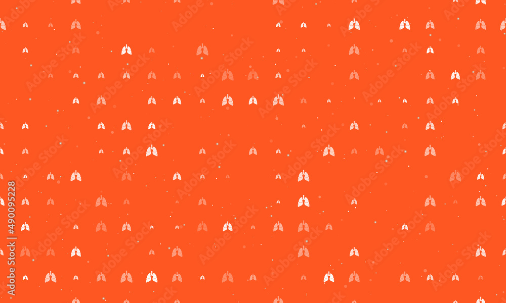 Seamless background pattern of evenly spaced white lungs symbols of different sizes and opacity. Vector illustration on deep orange background with stars Seamless background pattern of evenly spaced white lungs symbols of different sizes and opacity. Vector illustration on deep orange background with stars
