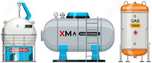 Set of metal tanks with industrial liquefied compressed oxygen, petroleum, propane. Gas cylinders, storage with high pressure of substance. Containers with pressurized gas, fuel vector illustration