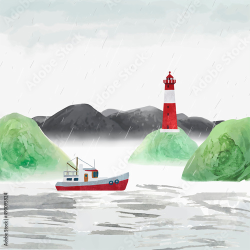 Rainy vector landscape with lighthouse, mountais and ship. Romantic watercolor Illustration for poster, postcard, banner, print. All elements are individual objects