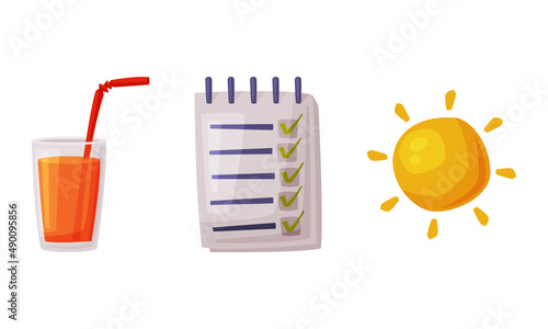 Healthy lifestyle and diet. Checklist, juice and sun vector illustration