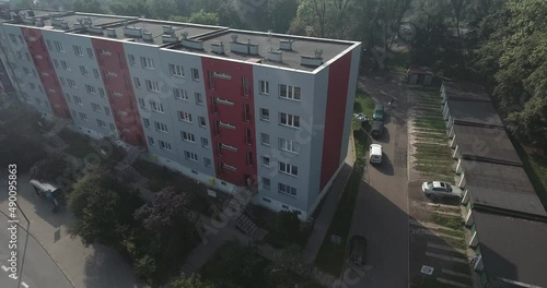 Remastered Communist Buildnig. Aerial Shot Of Concrete Apartment Block 4K photo