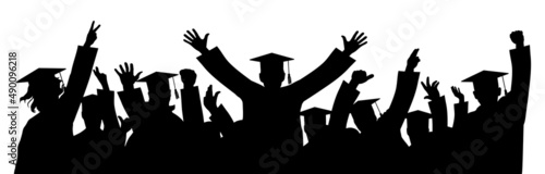 Happy crowd of graduates in square academic caps. Cheerful people silhouette. Vector  illustration.