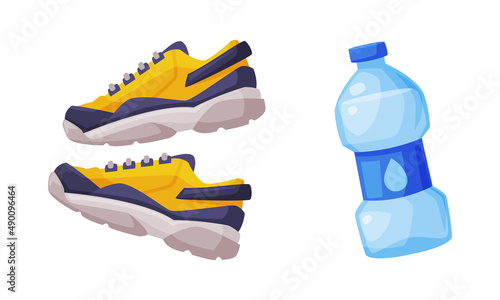 Athletic shoes and water bottle set. Sports and healthy lifestyle concept vector illustration