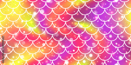 Holographic iridescent purple mermaid scale seamless pattern. Blurred foil gradient vector background. Kawaii rainbow bokeh hologram with galaxy effect. Girlie sweet unicorn backdrop from fairy tale.