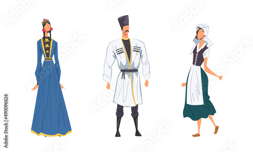 People in national clothing set. Man and women in traditional outfit of Holland, Kalmykia, Georgia cartoon vector illustration