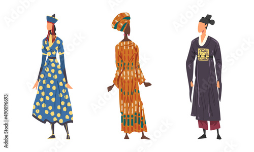 People in national clothing set. Man and women in traditional outfit of Mongolia  Japan  African cartoon vector illustration