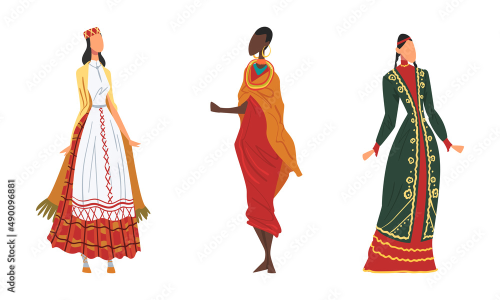 People in national clothing set. Women in traditional outfit of different countries cartoon vector illustration
