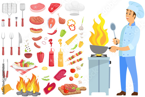 Man preparing dish on fire, hot meal. Professional chef works with kitchen equipment to prepare food. Male character fries barbecue dish. Grill ingredients and equipment vector illustration