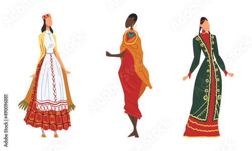 People in national clothing set. Women in traditional outfit of different countries cartoon vector illustration